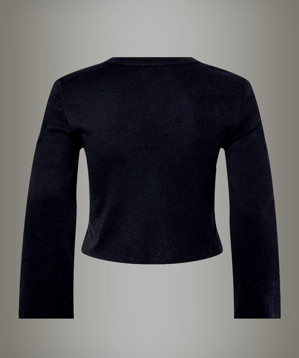 Black long-sleeve top on a gray background