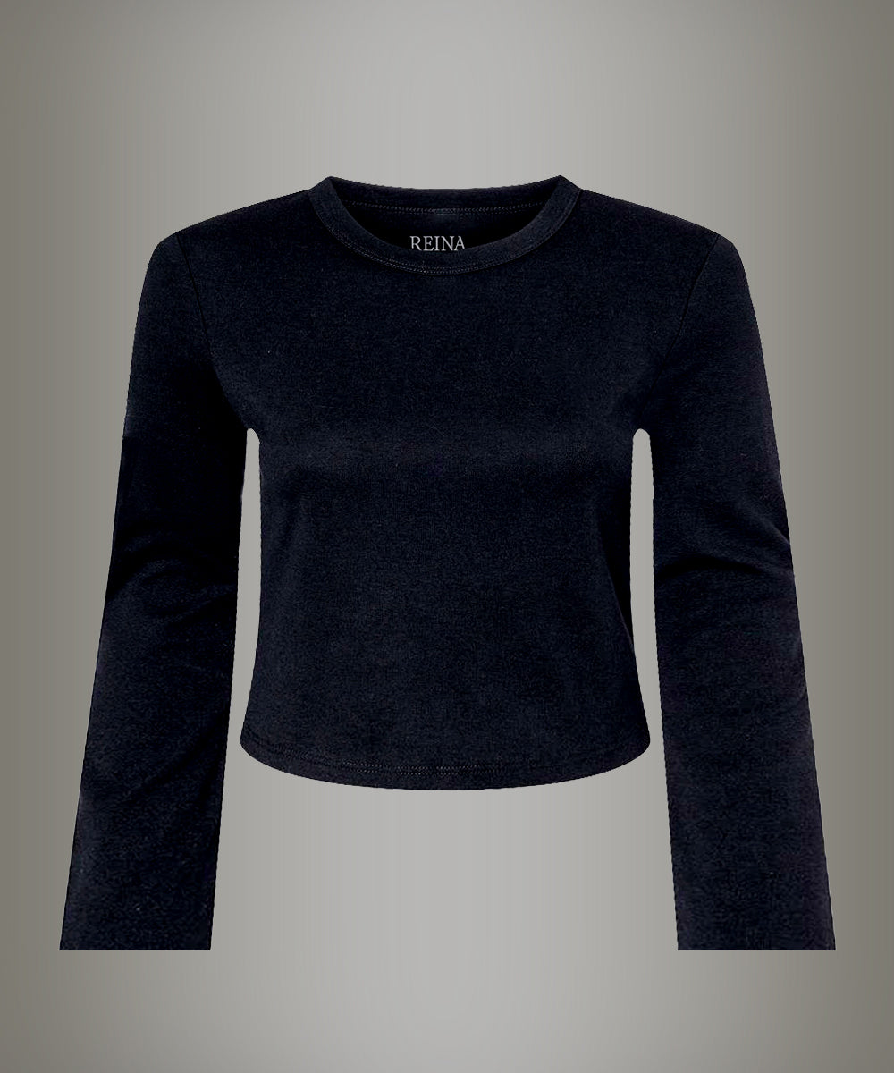 Black long-sleeve top on a gray background