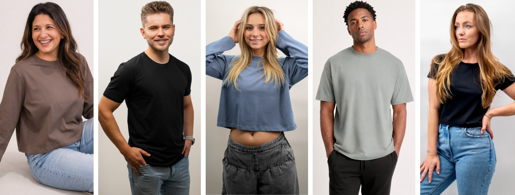 Five people wearing different colored t-shirts and jeans on a white background