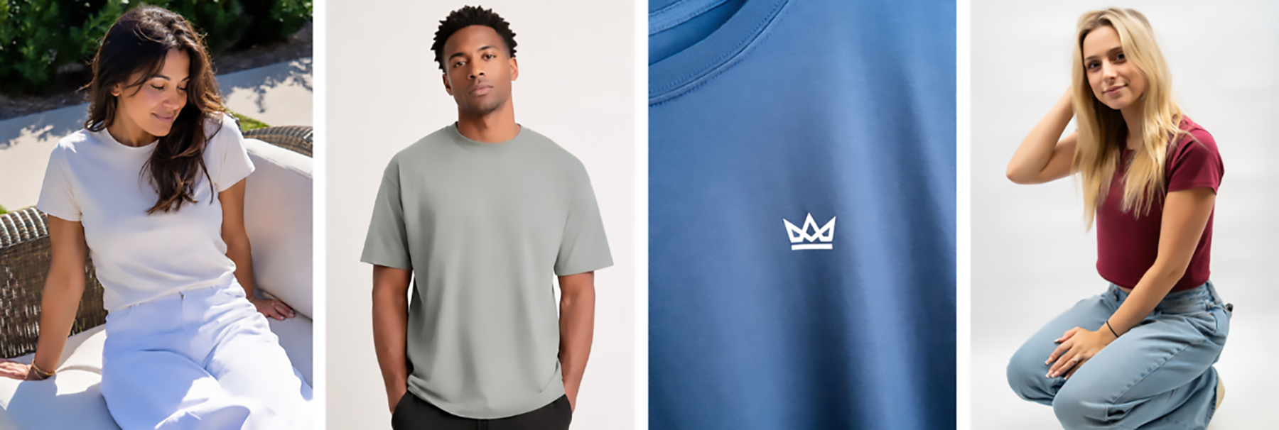 Collage of people wearing t-shirts with a brand logo on a blue shirt.