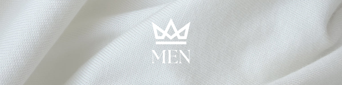 A close-up of white textured fabric with a centered white crown logo above the word 'MEN'.