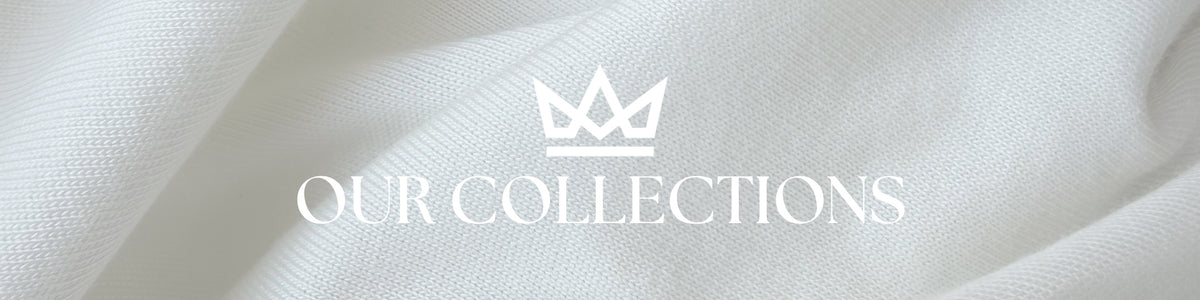 A close-up of draped white fabric with a centered white crown logo and the text 'OUR COLLECTIONS' overlaid across the middle.