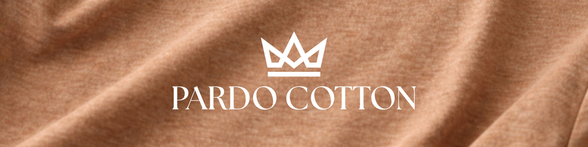 A close-up of a brown fabric texture with a white crown logo and the text 'PARDO COTTON' centered on it.