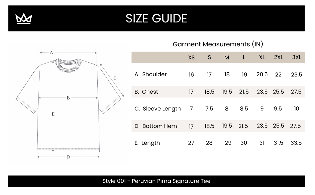 A size guide chart for the Style 00IP - Peruvian Pardo Signature Tee, showing a line-drawn t-shirt diagram with labeled measurements and a garment measurements table from XS to 3XL.