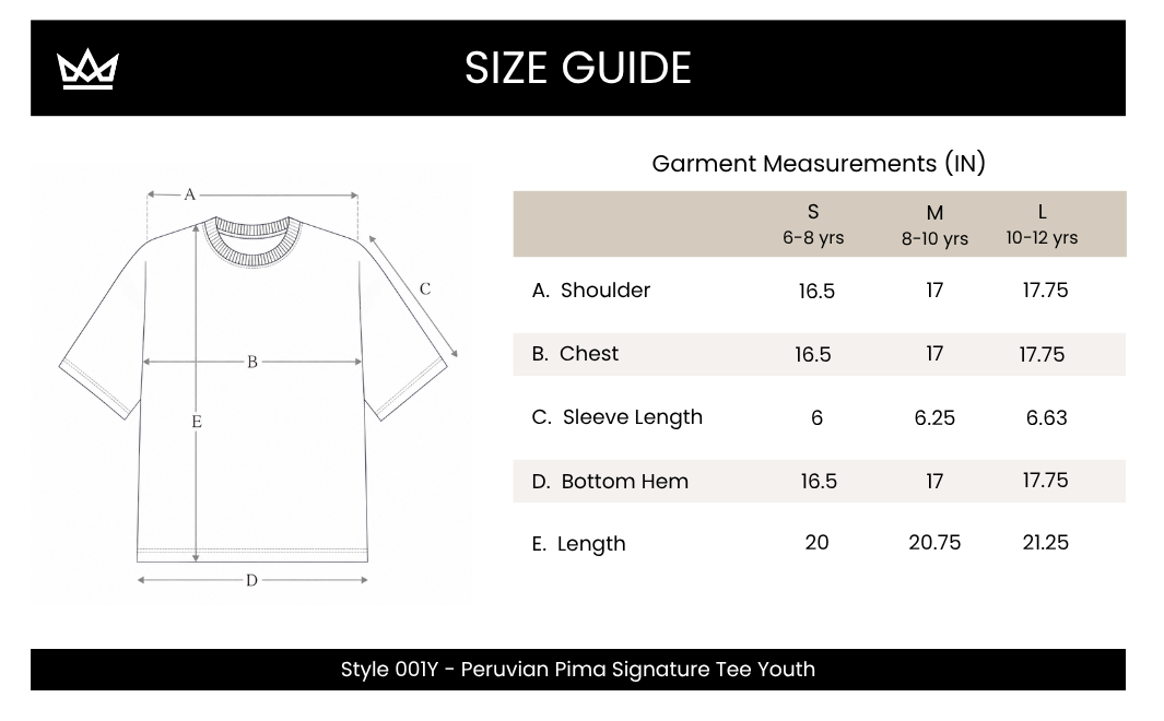 A size guide chart for a youth short-sleeve t-shirt, showing a labeled t-shirt measurement diagram and a garment measurements table with columns for S, M, and L sizes and measurements in inches.