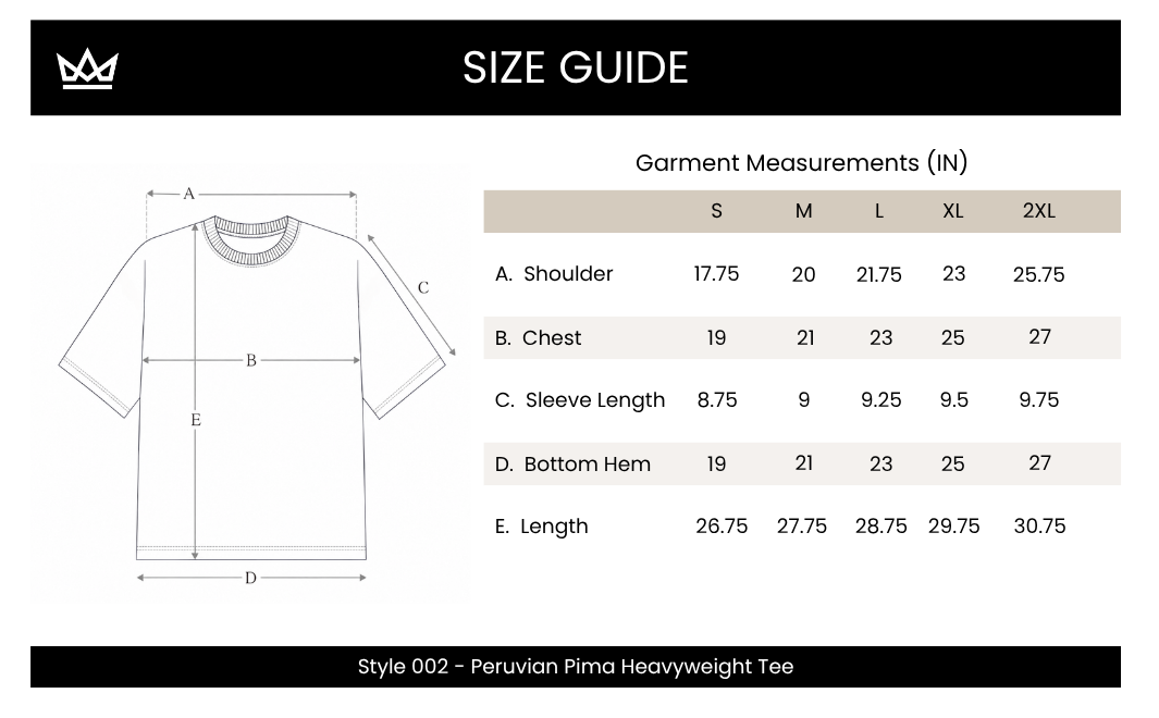 A size guide chart for a Peruvian Pima Heavyweight Tee, showing a t-shirt outline with labeled measurement points and a garment measurements table from S to 2XL.