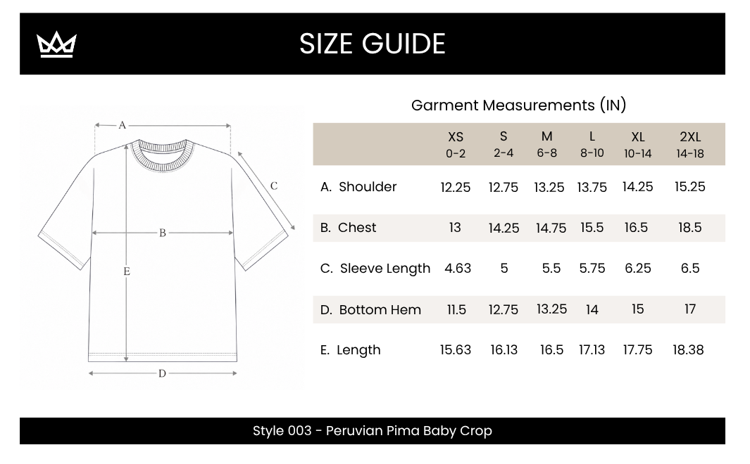 A size guide chart for a baby crop t-shirt, showing a line drawing of a short-sleeve t-shirt with measurement labels (A through E) and a garment measurements table for sizes XS through 2XL.