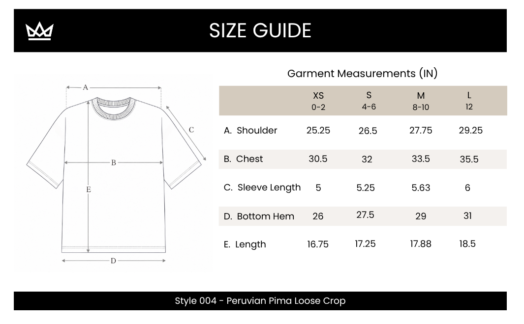 A size guide chart for a loose crop t-shirt, showing a labeled t-shirt outline with measurement points A through E and a garment measurements table forXS, S, M, and L sizes.