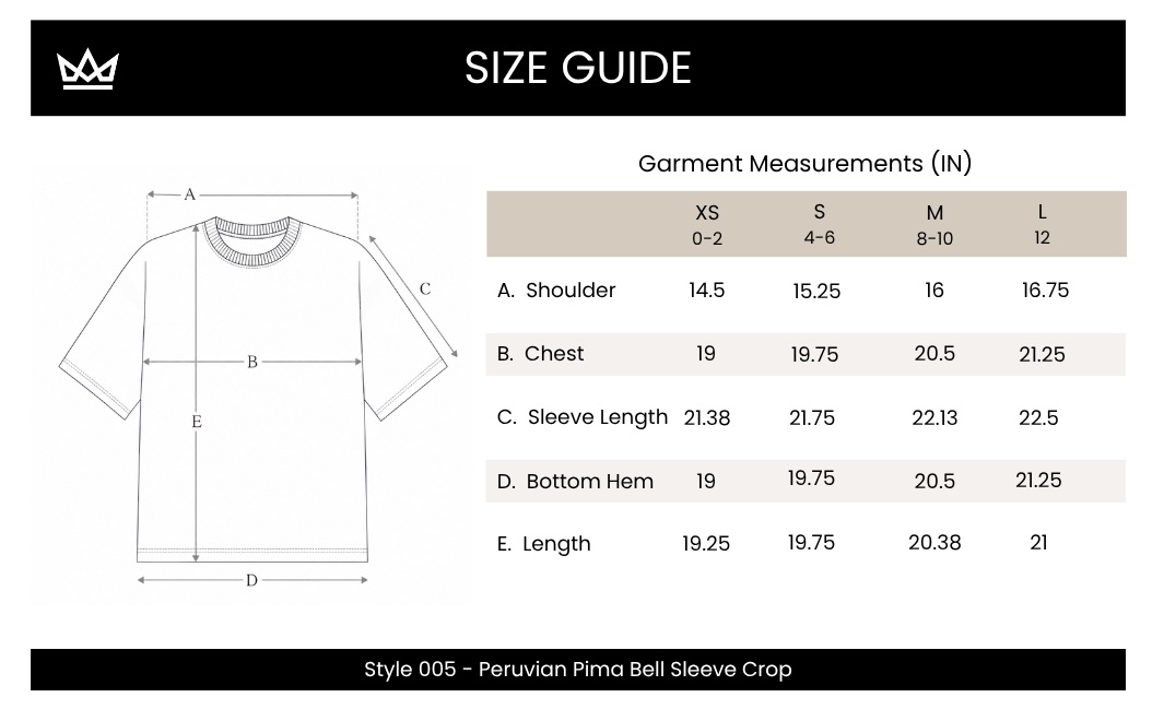 A size guide chart for a Peruvian Pima Bell Sleeve Crop garment, showing a line-drawn t-shirt diagram with labeled measurement points and a table of garment measurements in inches for sizes XS, S, M, and L.