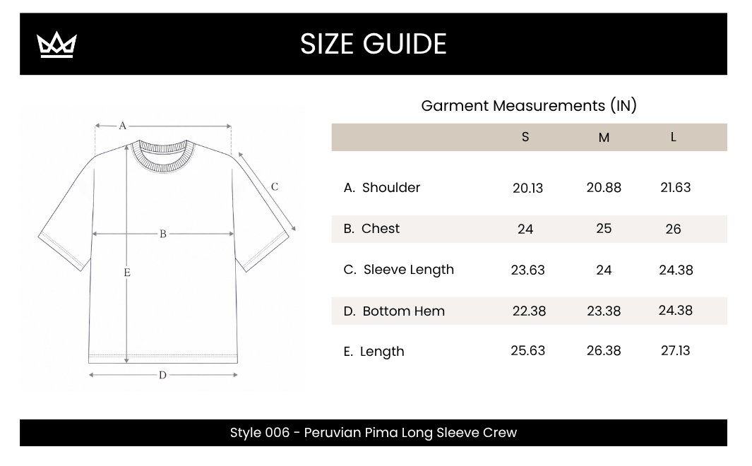 A size guide chart for a Peruvian Pima long sleeve crew shirt, showing a line drawing of a t-shirt with labeled measurement points and a table of garment measurements in inches for sizes S, M, and L.