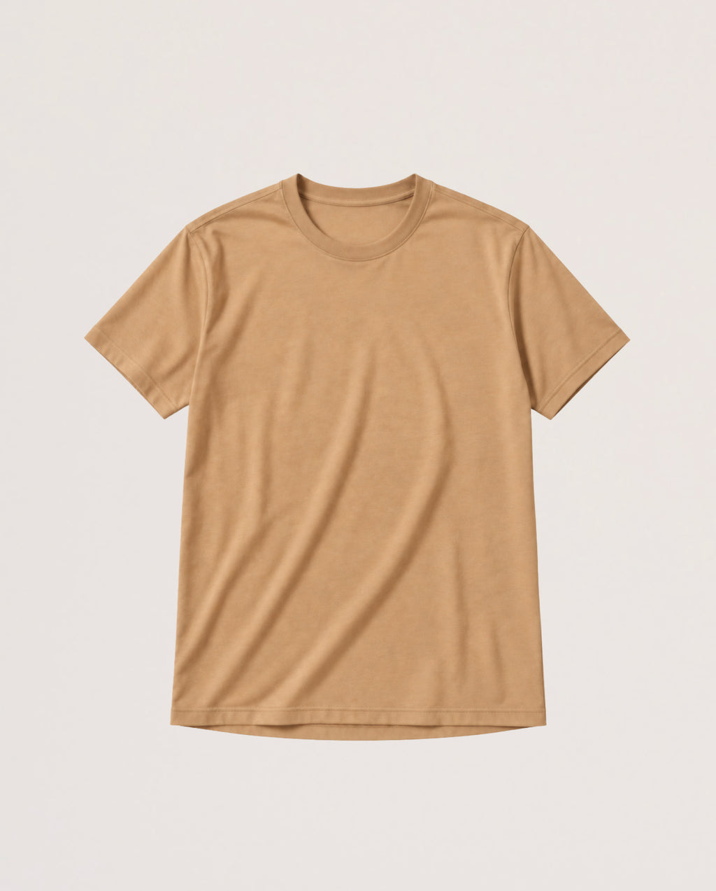 A plain short-sleeve crewneck t-shirt in a warm tan or camel color, laid flat against a light off-white background.