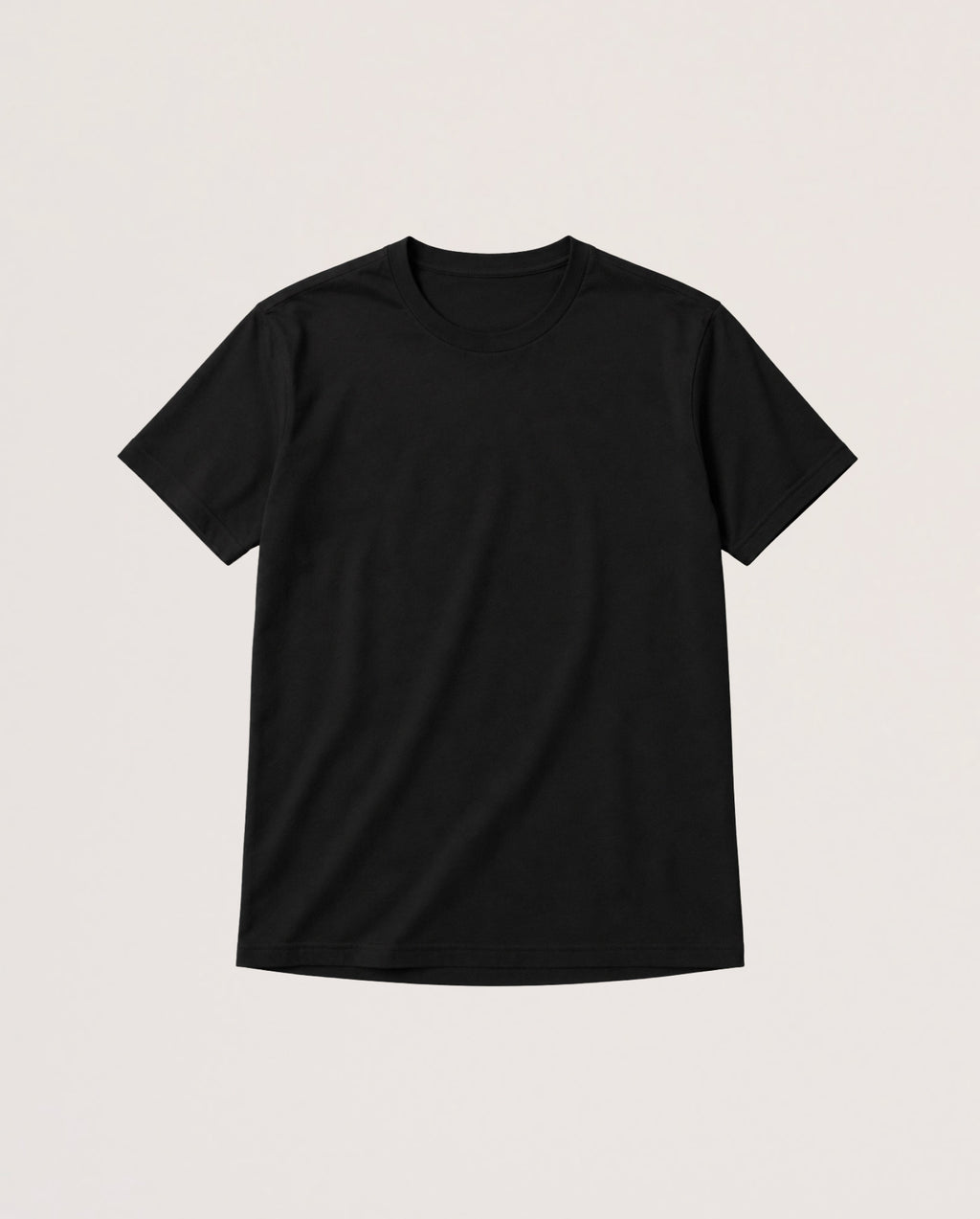 A plain black short-sleeve crewneck t-shirt laid flat against a light beige background.