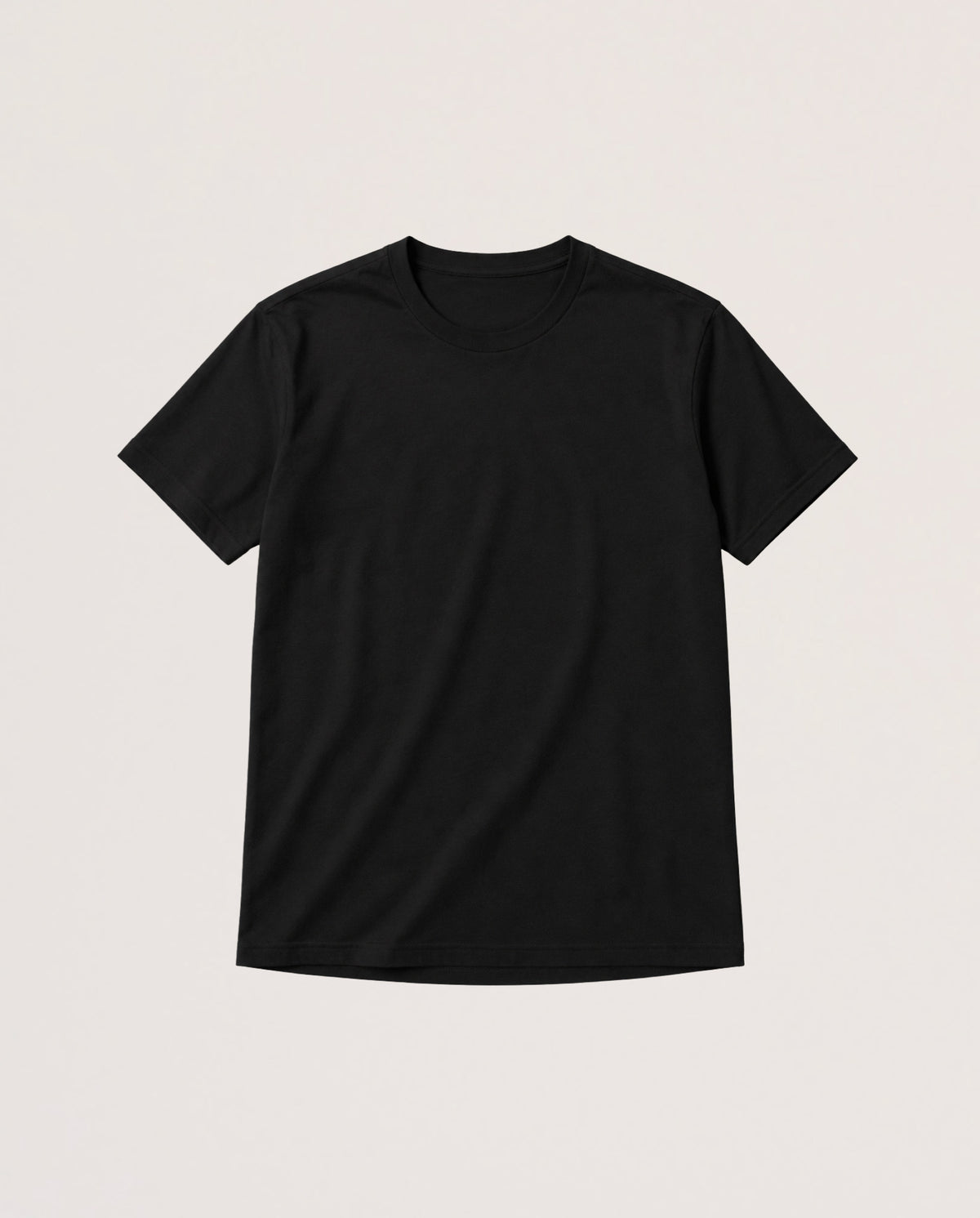 A plain black short-sleeve crewneck t-shirt laid flat against a light beige background.