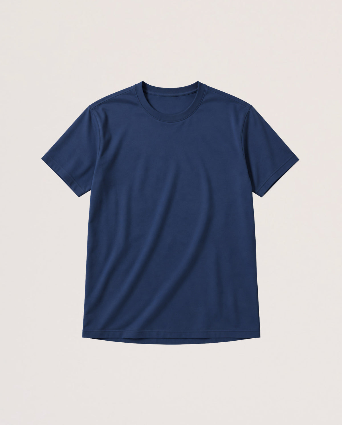 A navy blue short-sleeve crewneck t-shirt laid flat against a light beige background.