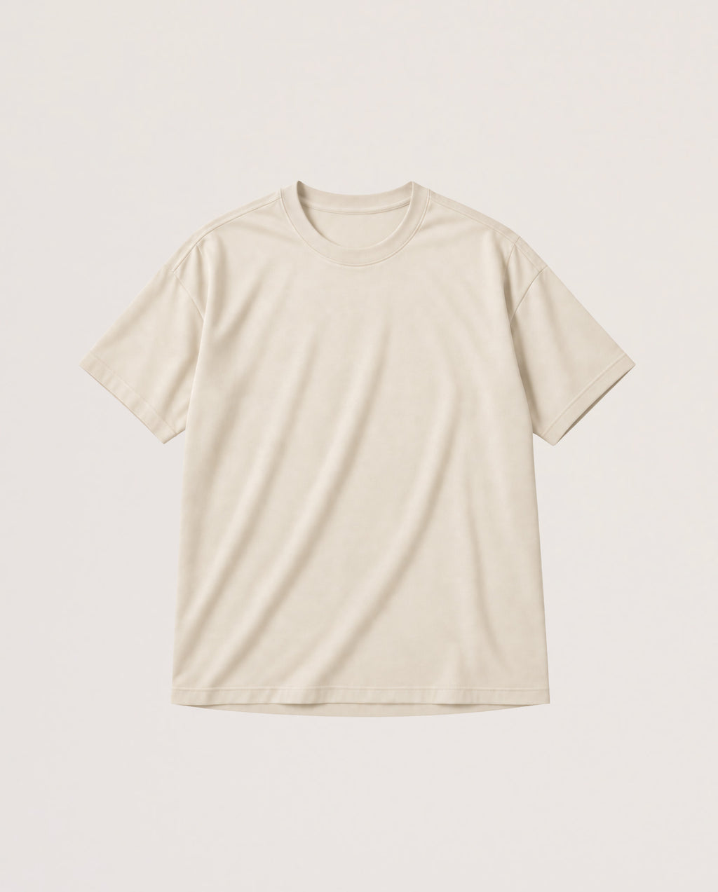 A plain short-sleeve crewneck t-shirt in a light cream or off-white color, laid flat against a matching light beige background.