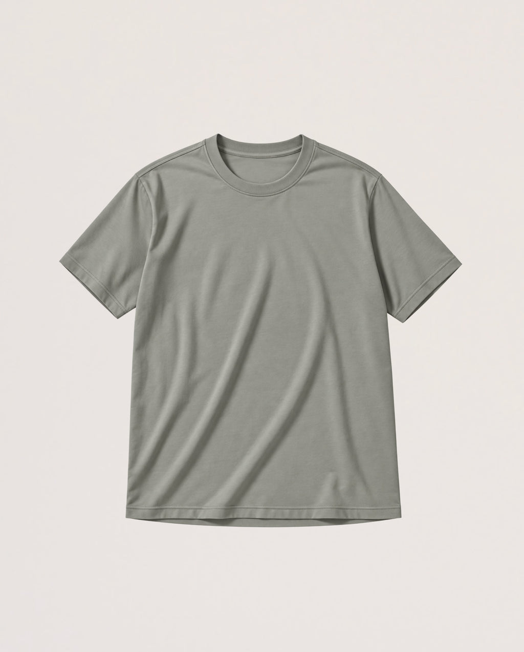 A plain olive short-sleeve crewneck t-shirt laid flat against a light beige background.