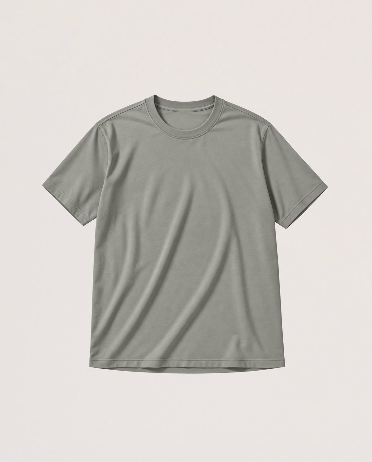 A plain olive short-sleeve crewneck t-shirt laid flat against a light beige background.