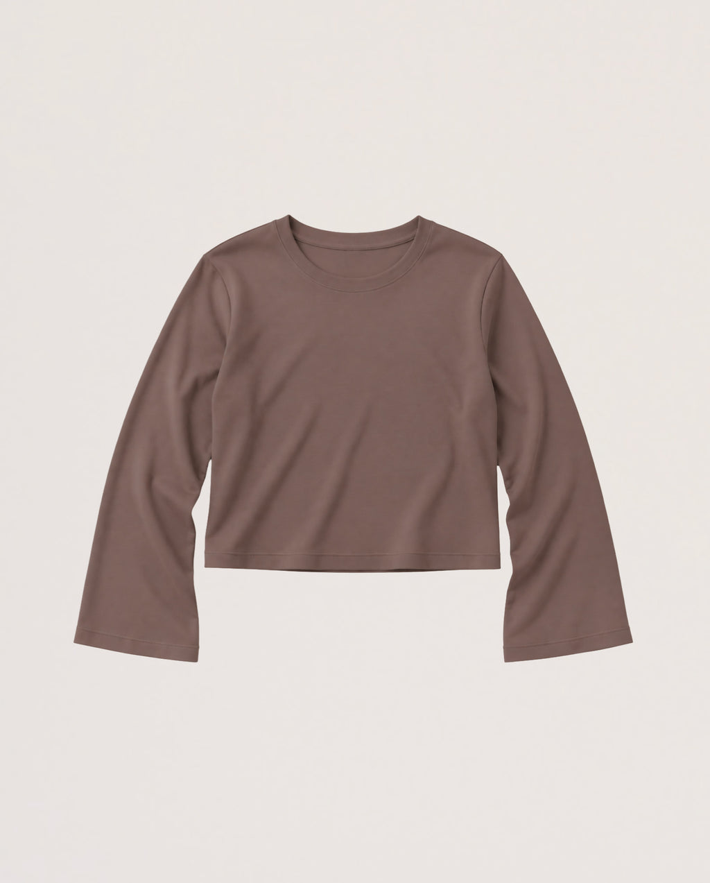 A long-sleeve cropped crewneck top in a muted taupe-brown color, displayed flat against a light off-white background.