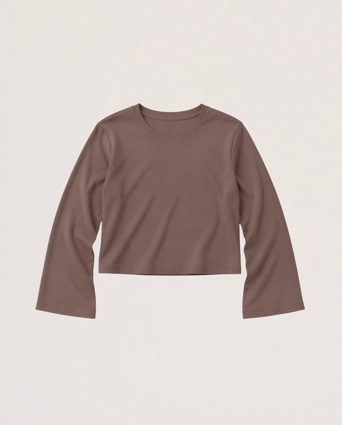 A long-sleeve cropped crewneck top in a muted taupe-brown color, displayed flat against a light off-white background.