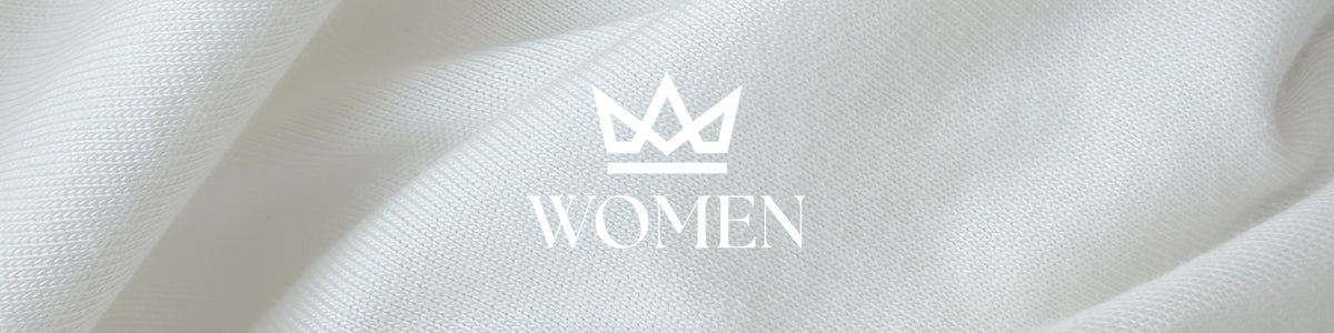 White textured fabric background with a white crown icon and the word 'WOMEN' centered on it.